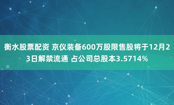 衡水股票配资 京仪装备600万股限售股将于12月23日解禁流通 占公司总股本3.5714%